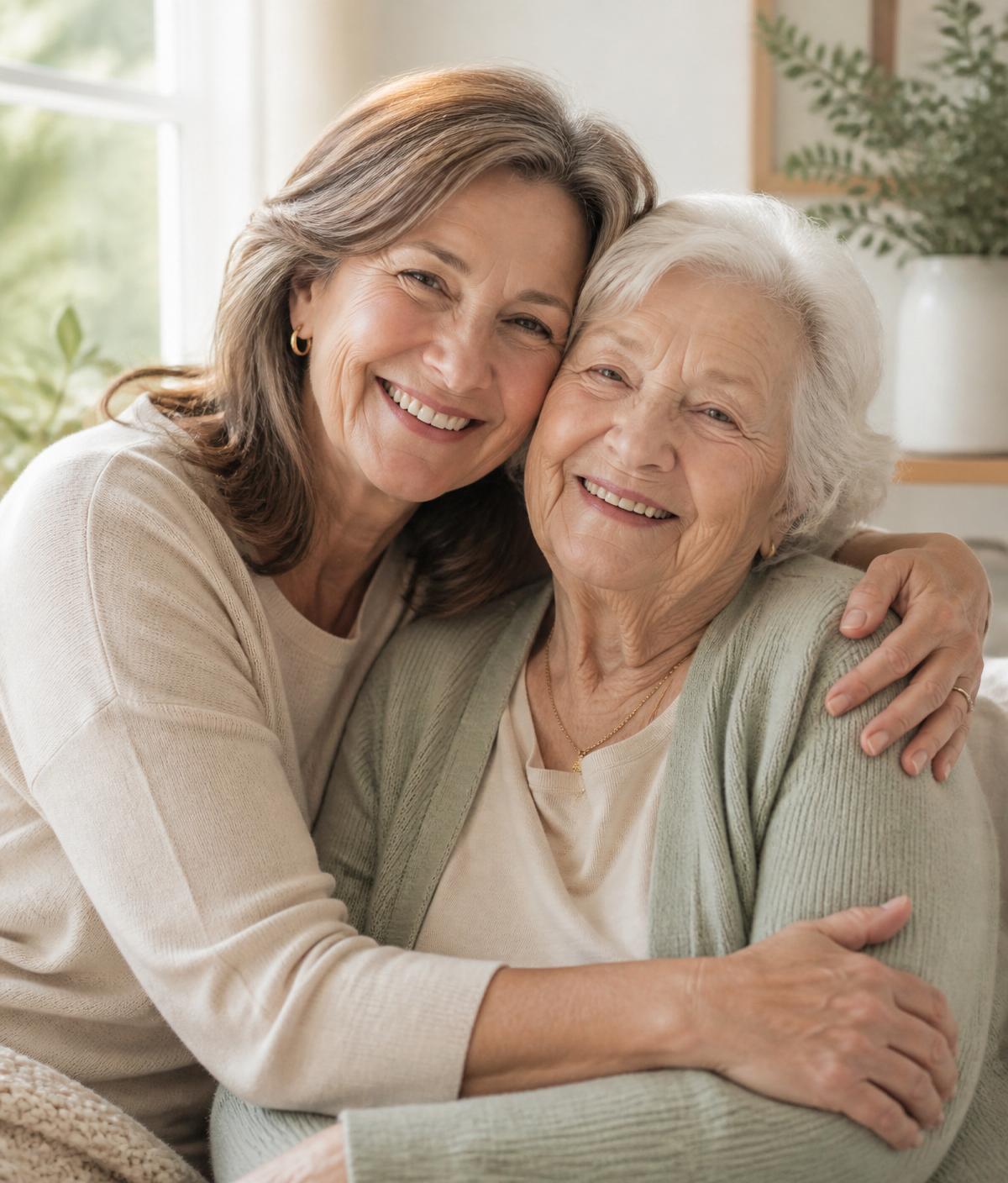 Adult daughter embracing her elderly mother